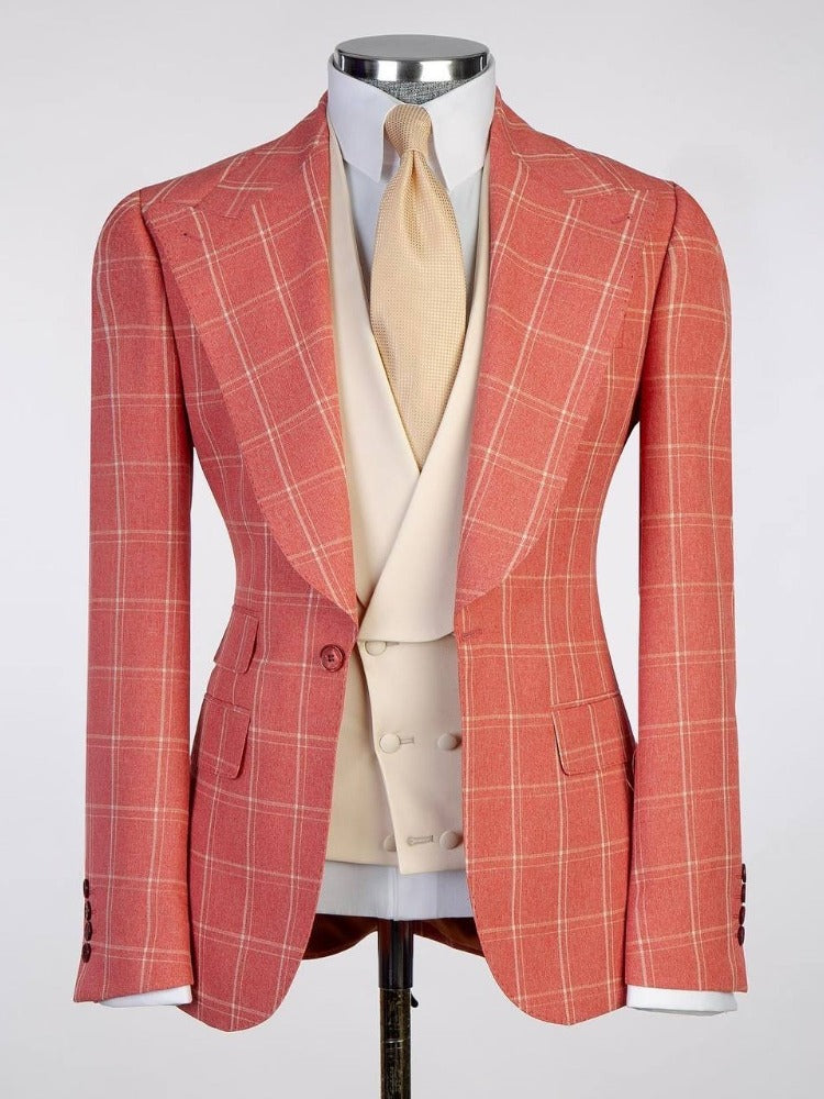 Orange plaid 2-piece single-breasted Peak Lapel suit