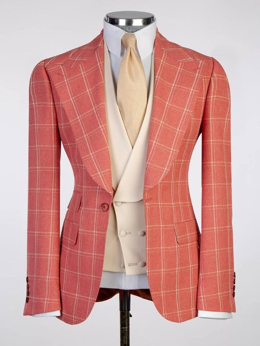 Orange plaid 2-piece single-breasted Peak Lapel suit