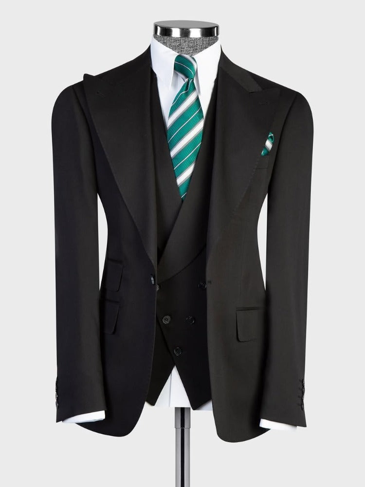 Black 3-piece 1-button Peak Lapel suit
