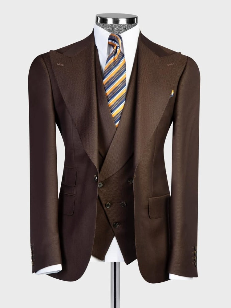 Brown 3-piece 1-button Peak Lapel suit