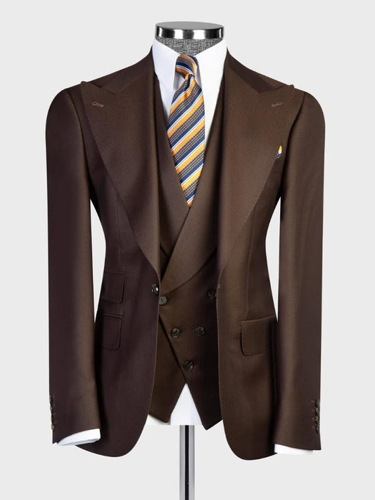 Brown 3-piece 1-button Peak Lapel suit
