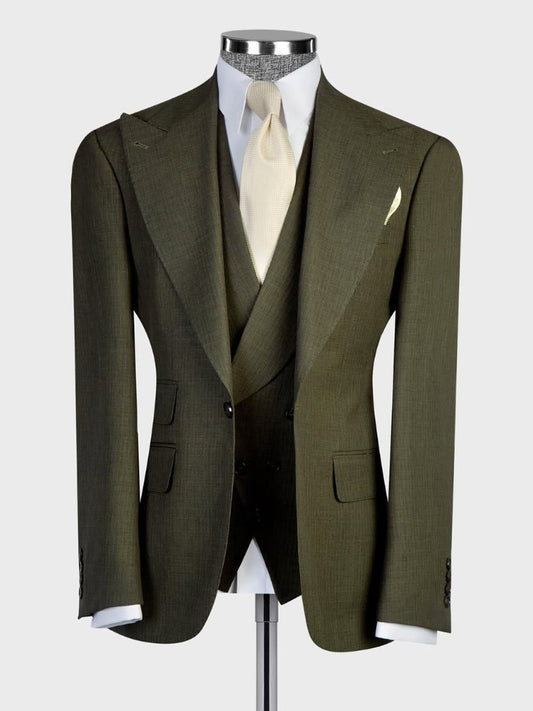 Army green 3-piece 1-button Peak Lapel suit