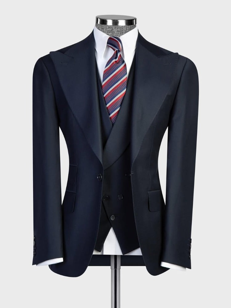 Dark Blue 3-piece 1-button Peak Lapel suit
