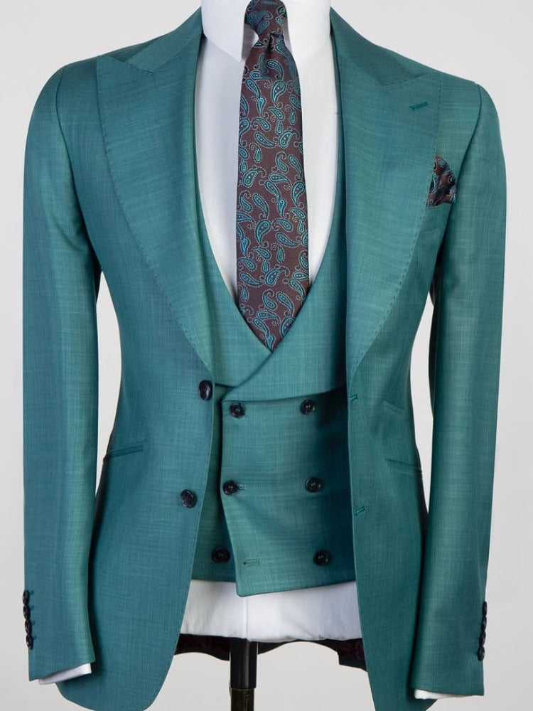 Green 3-piece 2-button Peak Lapel suit