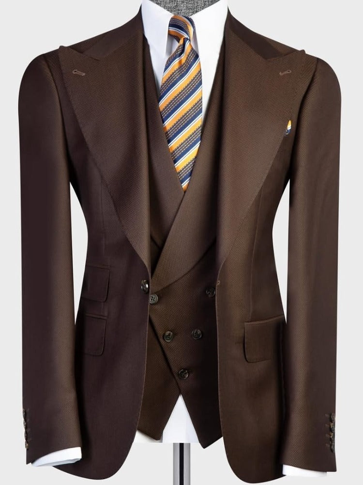 Coffee 3-piece 1-button Peak Lapel suit