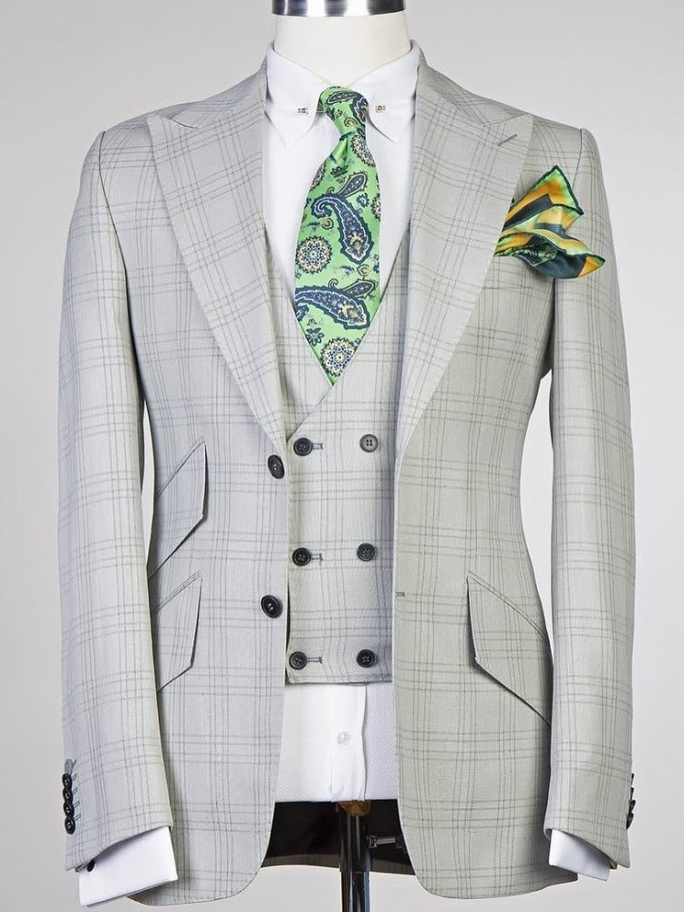 Light blue plaid 3-piece 2-button Peak Lapel suit