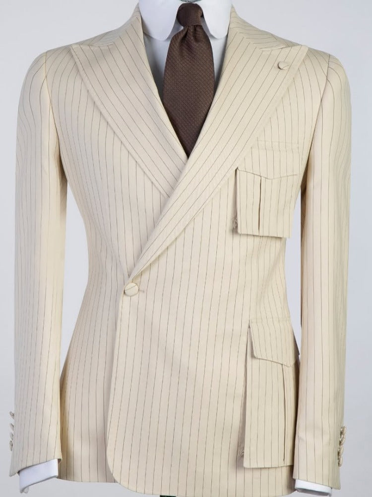 Beige striped 2-piece 1-button Peak Lapel suit