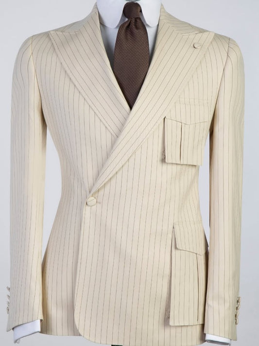 Beige striped 2-piece 1-button Peak Lapel suit
