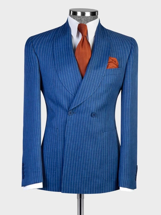 Navy blue striped 2-piece 2-button Shawl Lapel suit