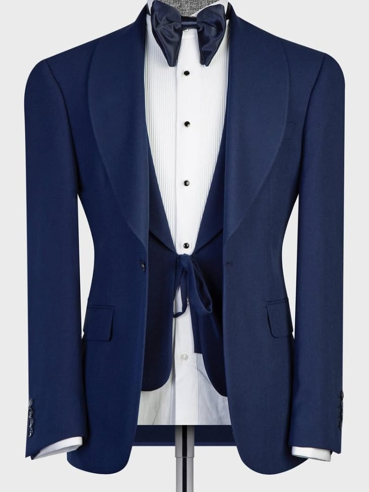 Navy Blue 3-piece 1-button Shawl Lapel suit