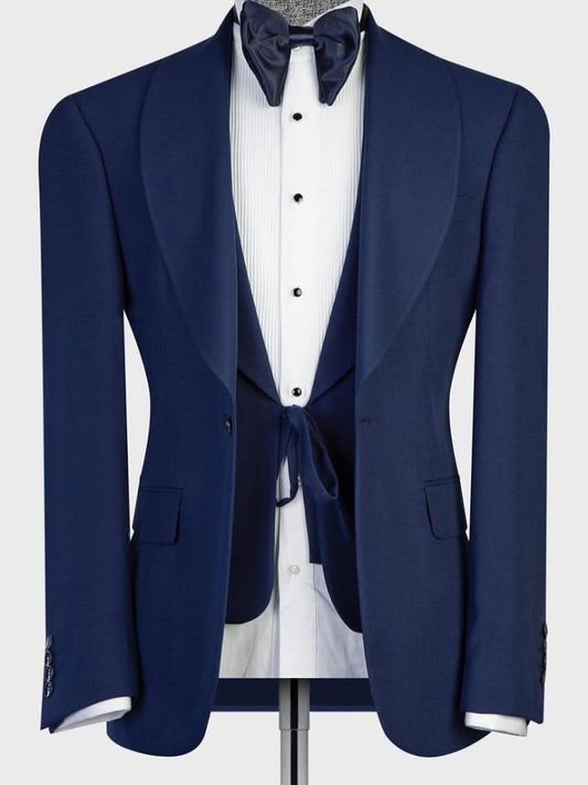 Navy Blue 3-piece 1-button Shawl Lapel suit