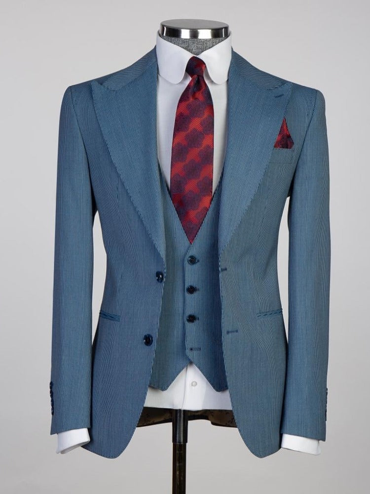 Navy blue striped 3-piece 2-button Peak Lapel suit