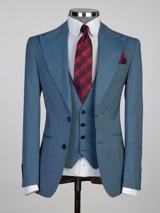 Navy blue striped 3-piece 2-button Peak Lapel suit
