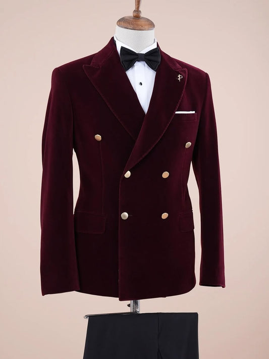 Burgundy Velvet Double-Breasted Peak Lapel Tuxedo Suit