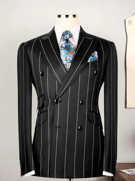Black Striped Peak Lapel Double-Breasted 2-Piece Suit