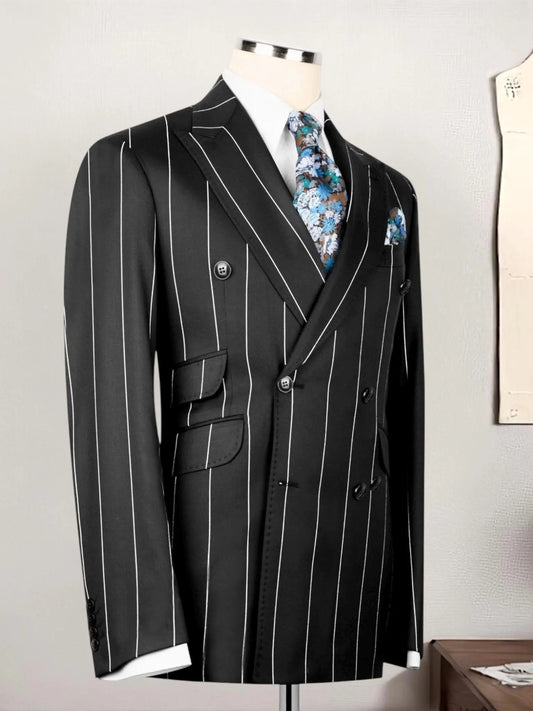 Black Striped Peak Lapel Double-Breasted 2-Piece Suit
