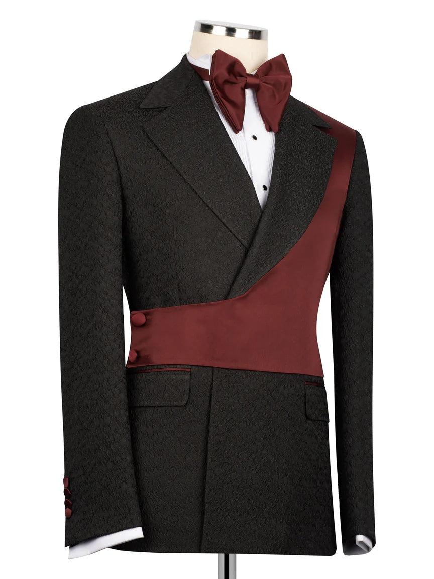 Chic Burgundy and Black Peak Lapel 2-Button 2-Piece Suit
