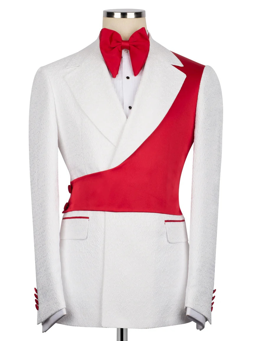 Chic White and Red Jacquard Peak Lapel 2-Button 2-Piece Suit