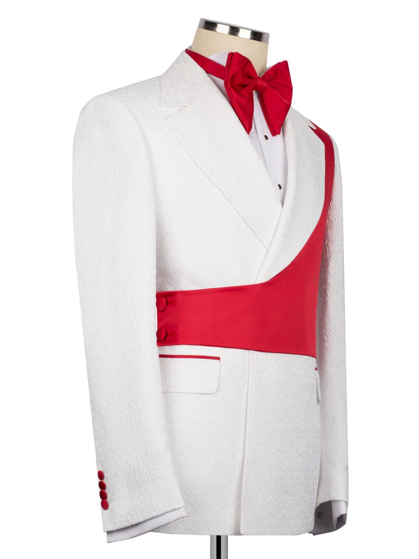 Chic White and Red Jacquard Peak Lapel 2-Button 2-Piece Suit