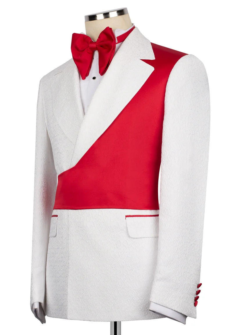 Chic White and Red Jacquard Peak Lapel 2-Button 2-Piece Suit