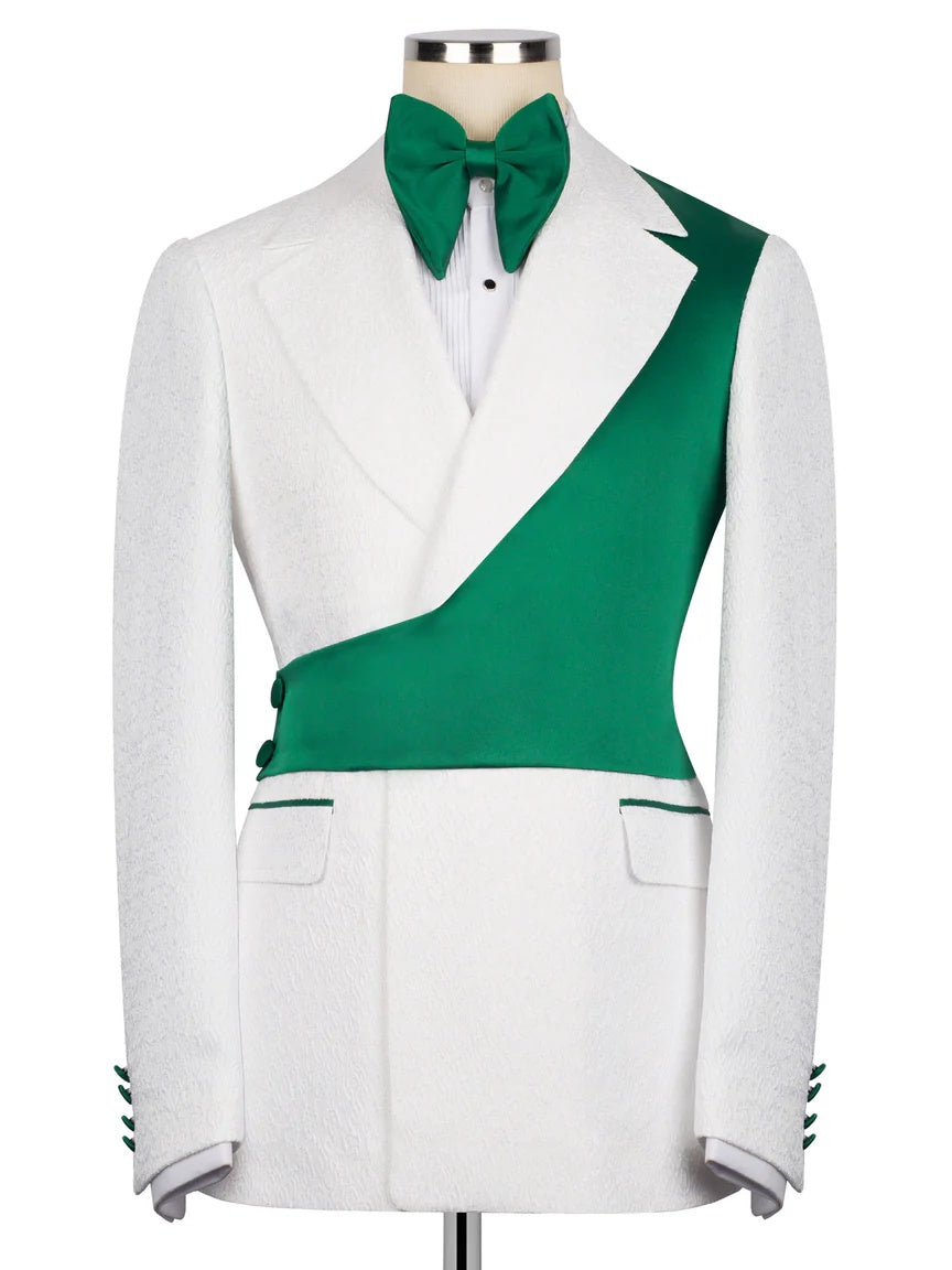 Chic White and Green Jacquard Peak Lapel 2-Button 2-Piece Suit