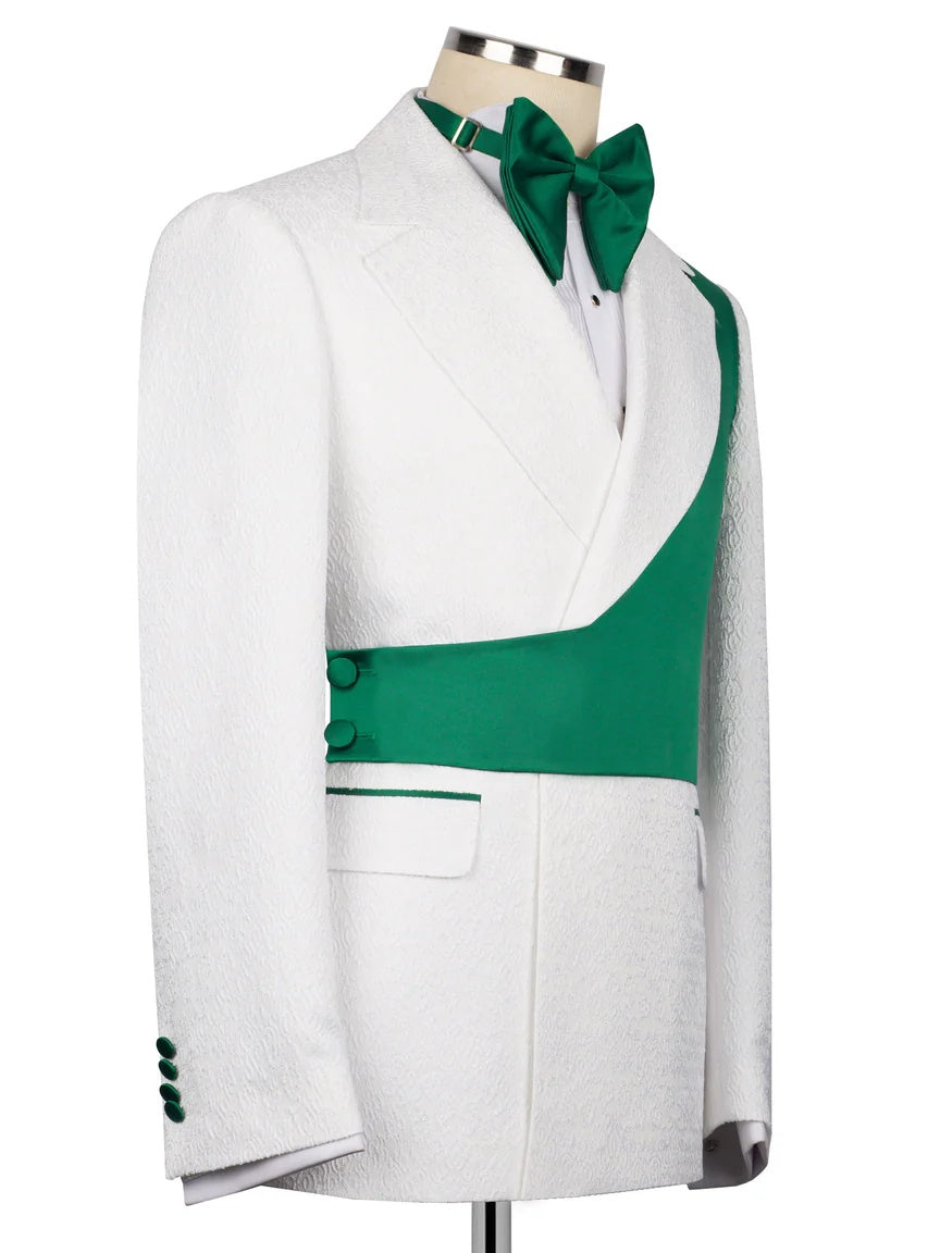 Chic White and Green Jacquard Peak Lapel 2-Button 2-Piece Suit