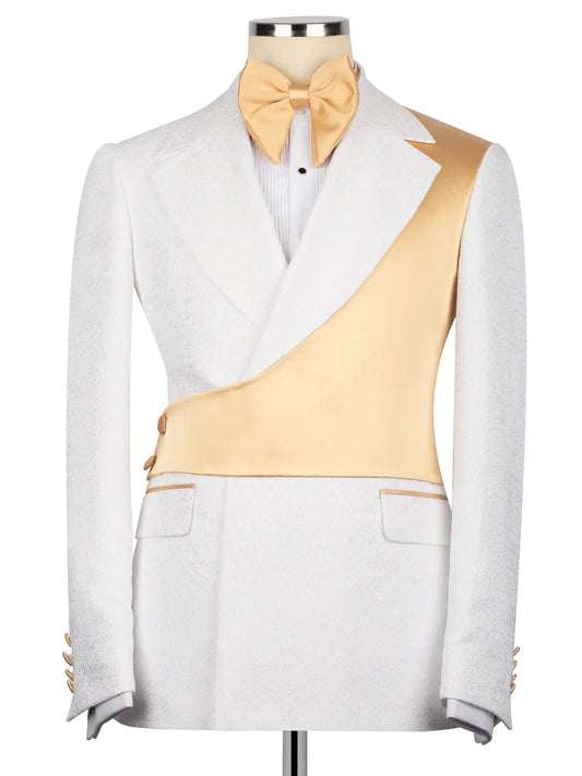 Chic White and Yellow Jacquard Peak Lapel 2-Button 2-Piece Suit