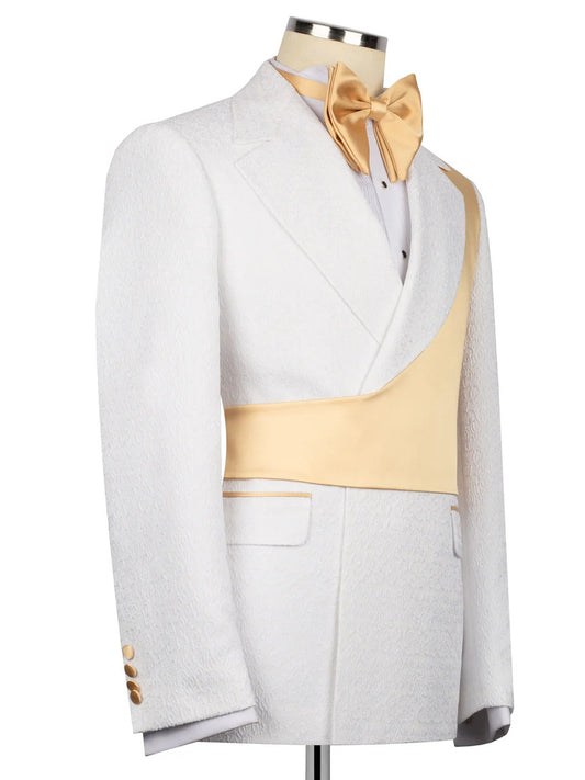 Chic White and Yellow Jacquard Peak Lapel 2-Button 2-Piece Suit