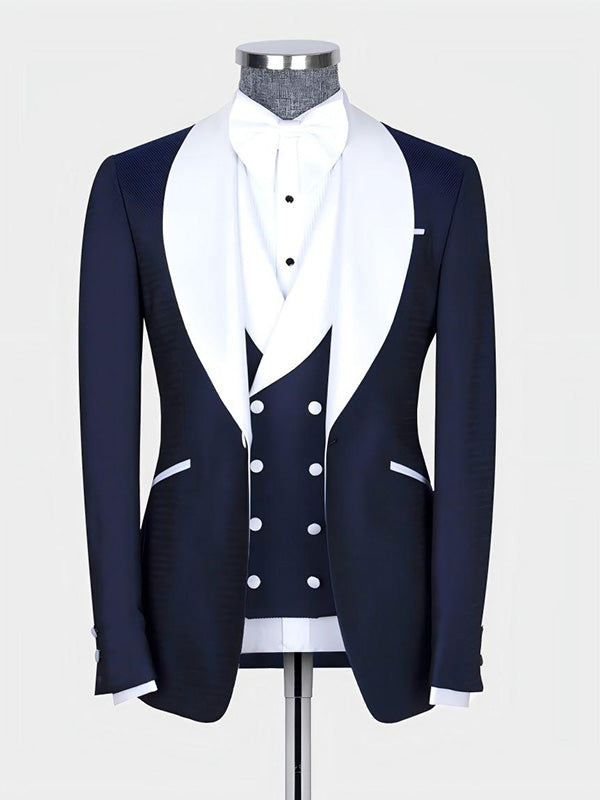 Navy Blue 3-piece 1-button Shawl Lapel suit