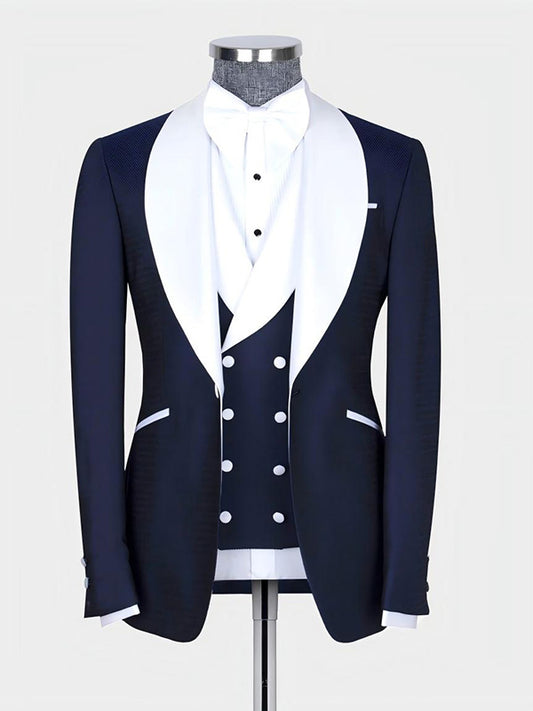 Navy Blue 3-piece 1-button Shawl Lapel suit