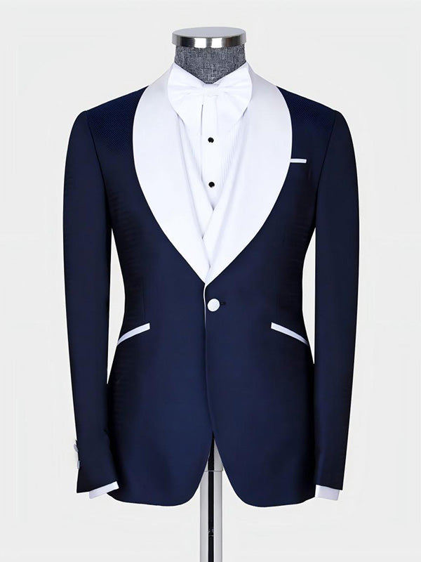 Navy Blue 3-piece 1-button Shawl Lapel suit