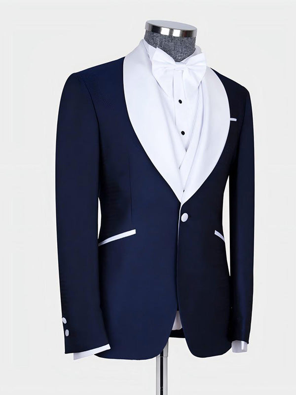 Navy Blue 3-piece 1-button Shawl Lapel suit