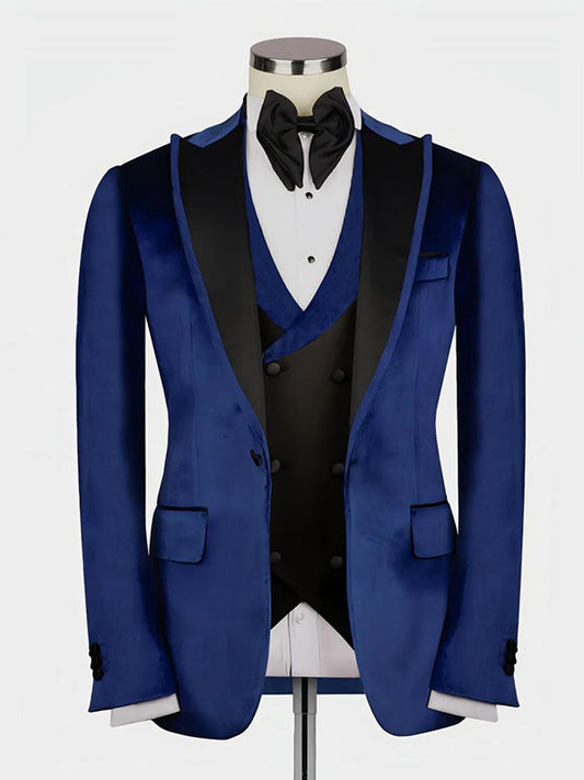 Navy Blue 3-piece 1-button Peak Lapel suit