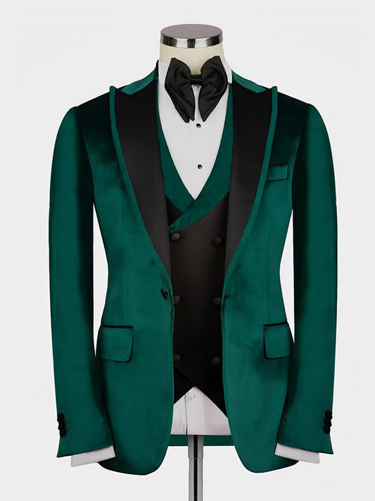 Green 3-piece 1-button Peak Lapel suit
