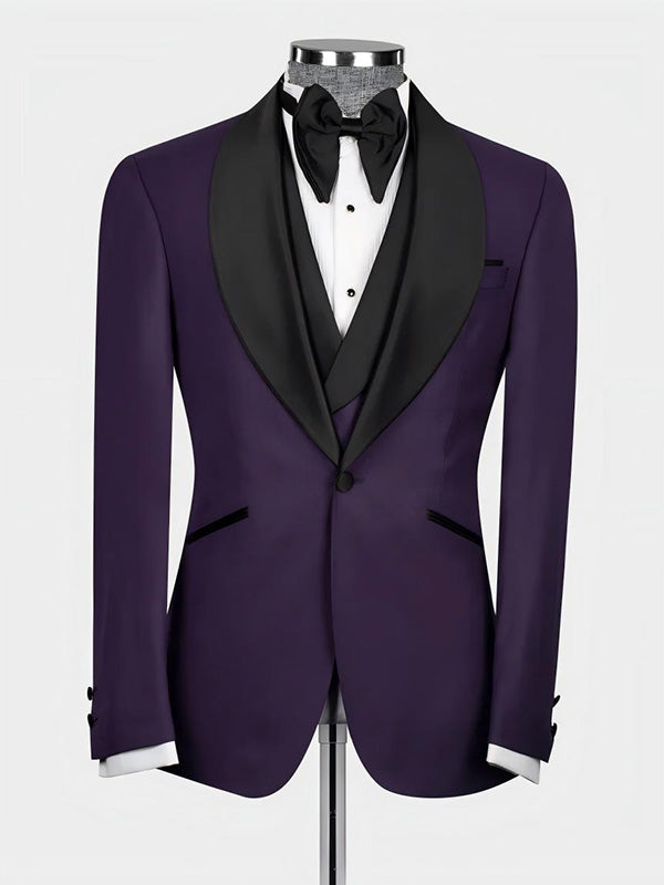 Dark purple 3-piece 1-button Shawl Lapel suit