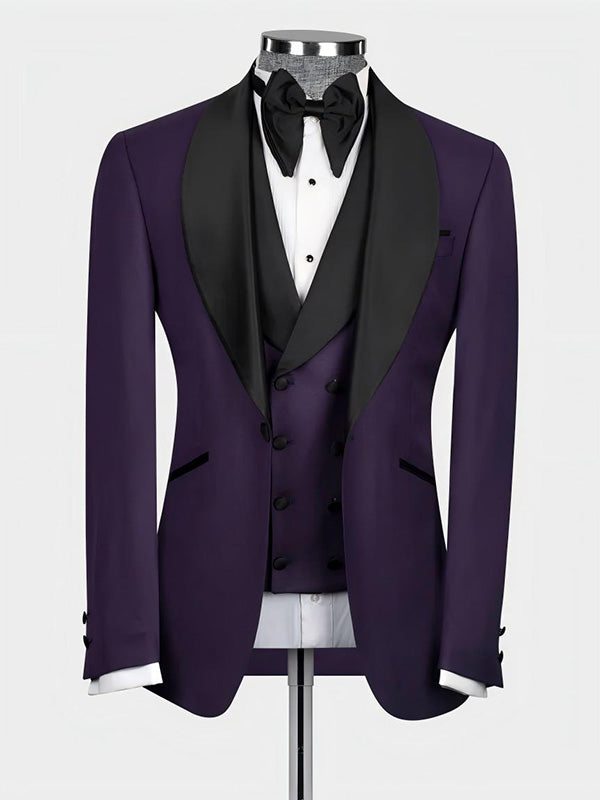 Dark purple 3-piece 1-button Shawl Lapel suit