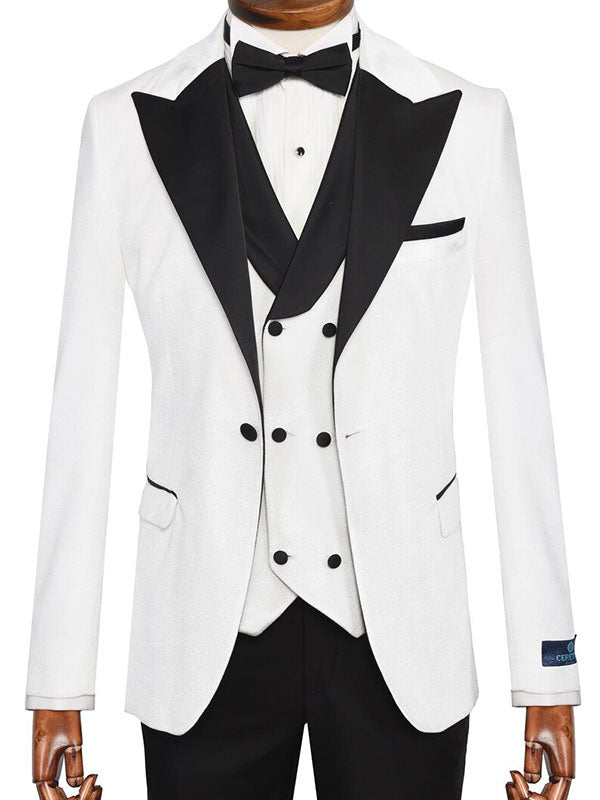 White 3-piece 1-button black Peak Lapel suit