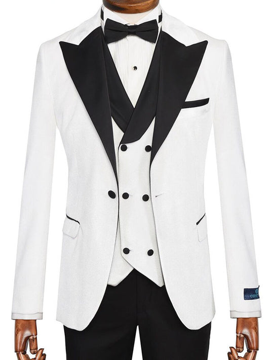 White 3-piece 1-button black Peak Lapel suit