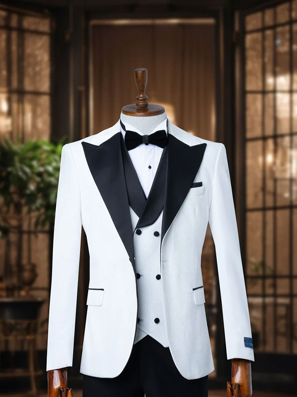 White 3-piece 1-button black Peak Lapel suit