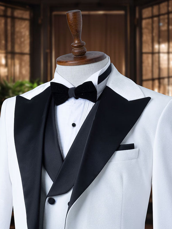 White 3-piece 1-button black Peak Lapel suit