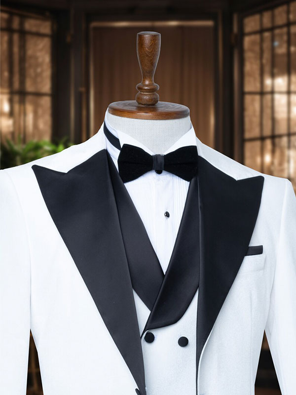 White 3-piece 1-button black Peak Lapel suit