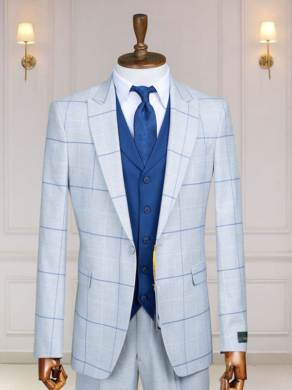 Light blue plaid 2-piece 1-button Peak Lapel suit
