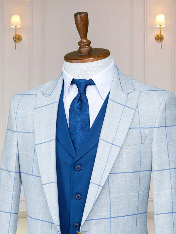 Light blue plaid 2-piece 1-button Peak Lapel suit