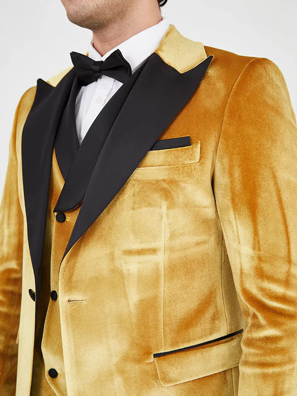 Golden 3-piece 1-button black Peak Lapel suit