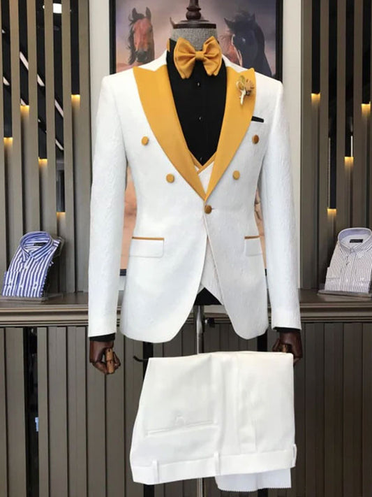 White Jacquard 3-piece 1-button yellow Peak Lapel suit