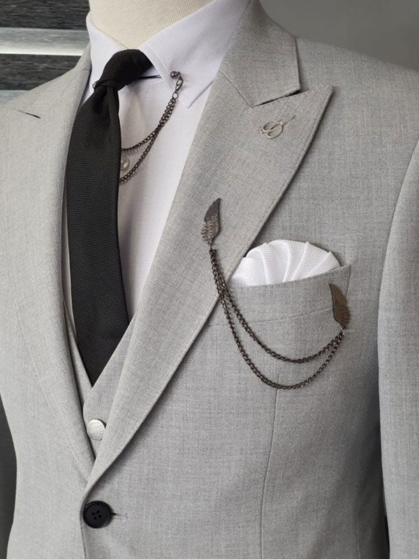 Light grey 3-piece 2-button Peak Lapel suit
