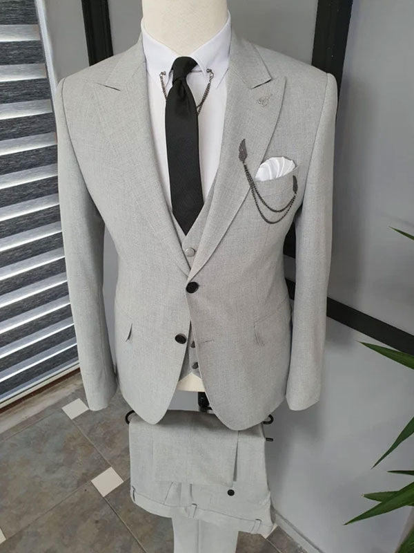 Light grey 3-piece 2-button Peak Lapel suit
