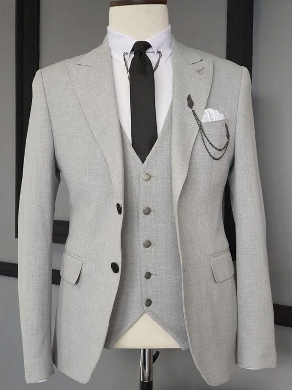 Light grey 3-piece 2-button Peak Lapel suit