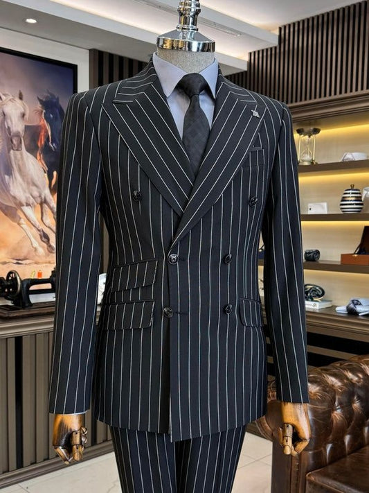 Men’s Double-Breasted Pinstripe Suit – Slim Fit Business Formal 2-Piece Set