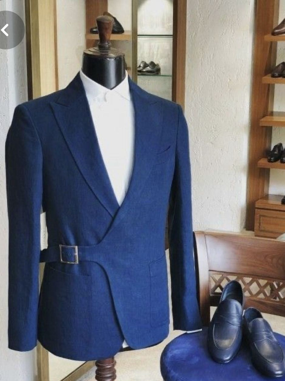 Men’s Navy Wrap-Style Blazer – Modern Slim Fit Statement suit